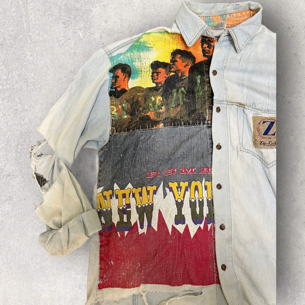 Rare Vintage Distressed Button‎ Up Shirt Zipcode Large Graphic Size L Thrashed - Picture 3 of 8